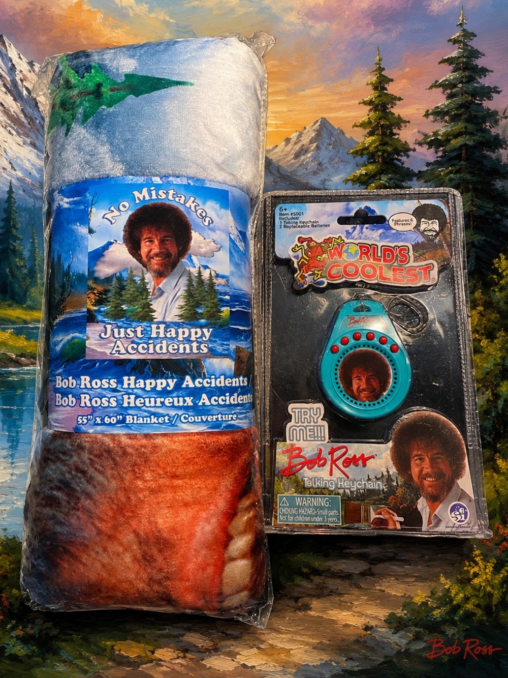 Bob Ross Just Happy Accidents Blanket and Talking Keychain Set